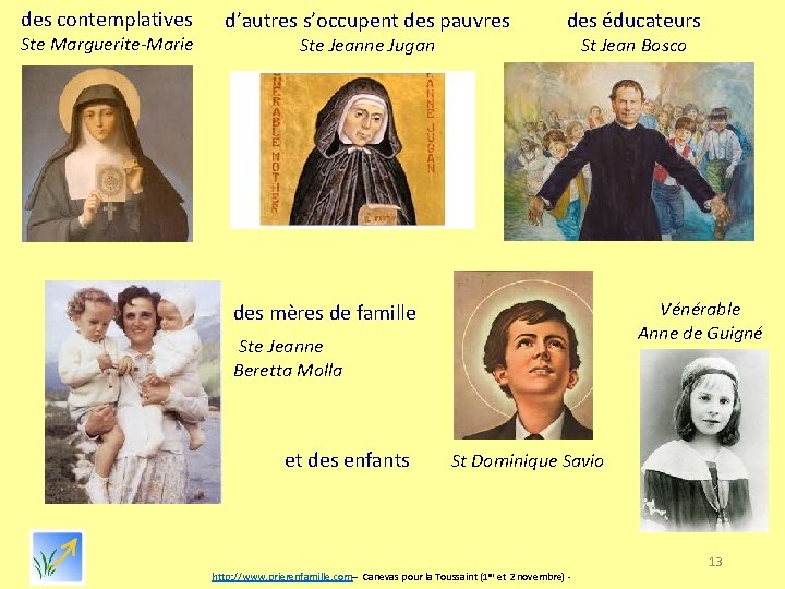 des contemplatives Ste Marguerite-Marie d’autres s’occupent des pauvres Ste Jeanne Jugan des éducateurs St