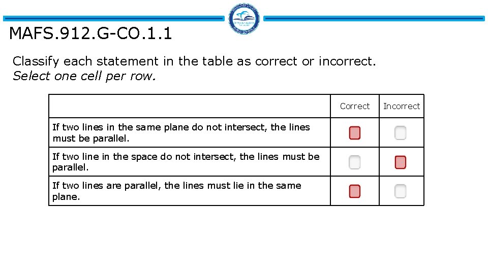 MAFS. 912. G-CO. 1. 1 Classify each statement in the table as correct or