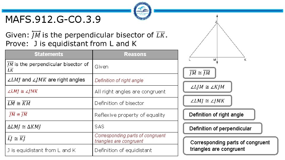 MAFS. 912. G-CO. 3. 9 Statements Reasons Given Definition of right angle All right