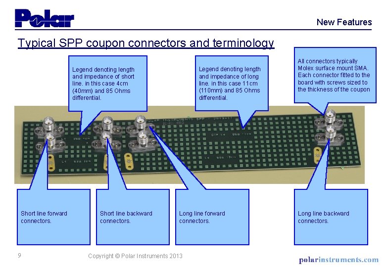 New Features Typical SPP coupon connectors and terminology Legend denoting length and impedance of