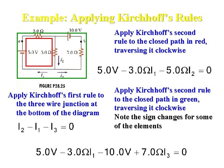 Example: Applying Kirchhoff’s Rules Apply Kirchhoff’s second rule to the closed path in red, Example: Applying Kirchhoff’s Rules Apply Kirchhoff’s second rule to the closed path in red,