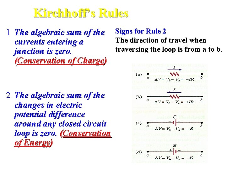 Kirchhoff’s Rules 1 The algebraic sum of the currents entering a junction is zero. Kirchhoff’s Rules 1 The algebraic sum of the currents entering a junction is zero.