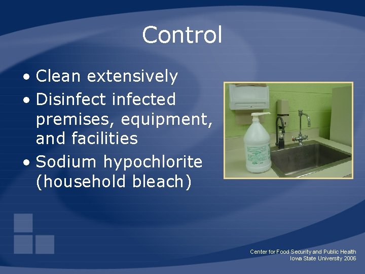 Control • Clean extensively • Disinfected premises, equipment, and facilities • Sodium hypochlorite (household