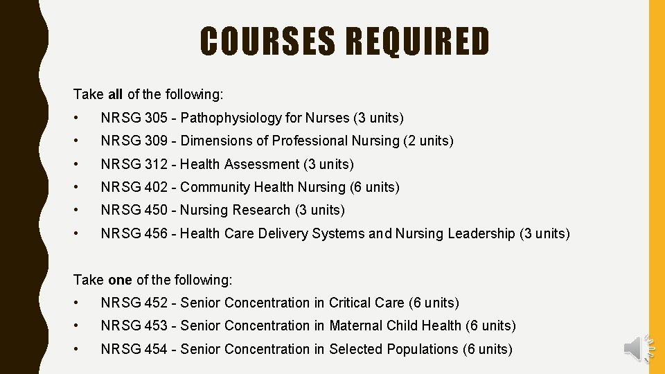 COURSES REQUIRED Take all of the following: • NRSG 305 - Pathophysiology for Nurses