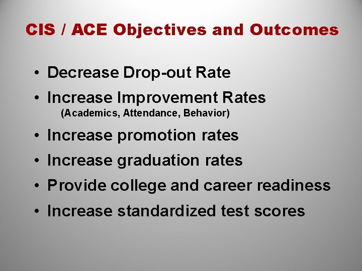 CIS / ACE Objectives and Outcomes • Decrease Drop-out Rate • Increase Improvement Rates