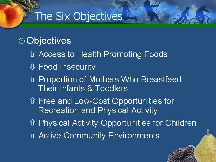 The Six Objectives » Objectives Access to Health Promoting Foods Food Insecurity Proportion of