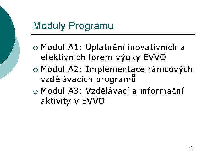 Moduly Programu Modul A 1: Uplatnění inovativních a efektivních forem výuky EVVO ¡ Modul
