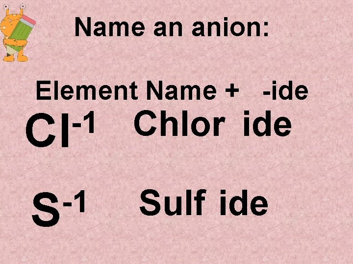 Name an anion: Element Name + -ide -1 Cl Chlor ide -1 S Sulf