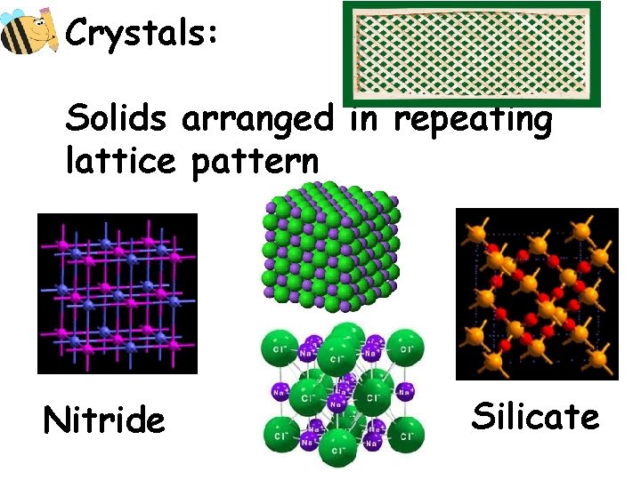 Crystals: Solids arranged in repeating lattice pattern Nitride Silicate 