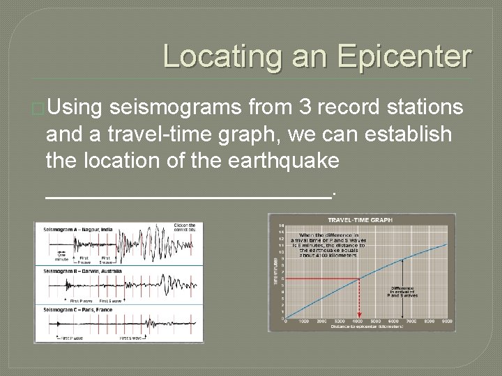 Locating an Epicenter �Using seismograms from 3 record stations and a travel-time graph, we