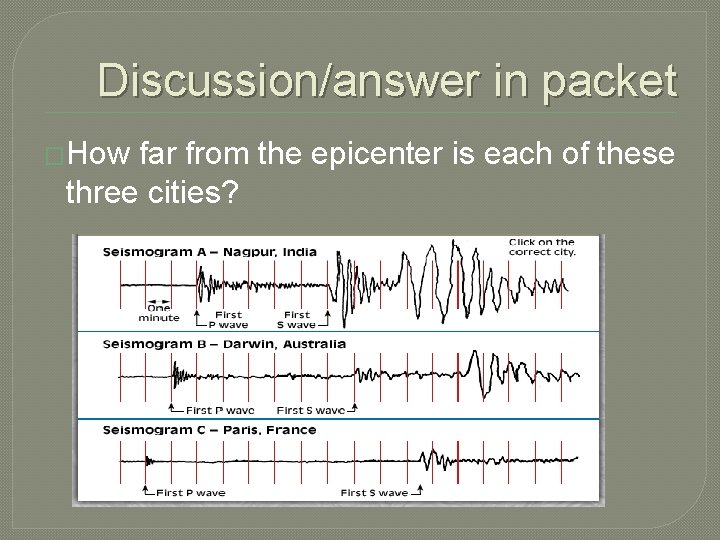Discussion/answer in packet �How far from the epicenter is each of these three cities?