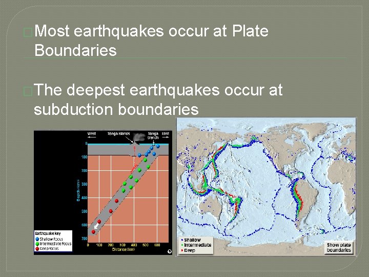 �Most earthquakes occur at Plate Boundaries �The deepest earthquakes occur at subduction boundaries 