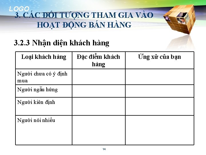 LOGO 3. CÁC ĐỐI TƯỢNG THAM GIA VÀO HOẠT ĐỘNG BÁN HÀNG 3. 2.