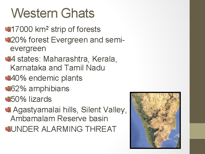 Western Ghats 17000 km 2 strip of forests 20% forest Evergreen and semievergreen 4