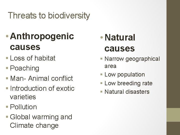 Threats to biodiversity • Anthropogenic causes • Natural causes § Loss of habitat §