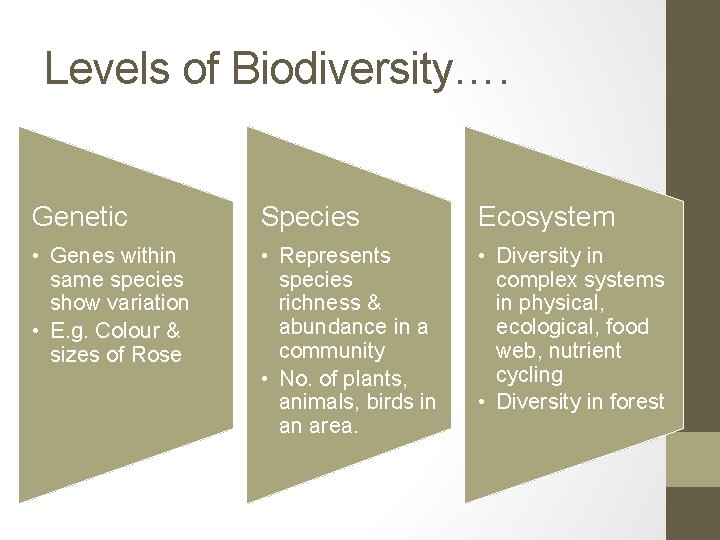 Levels of Biodiversity…. Genetic Species Ecosystem • Genes within same species show variation •