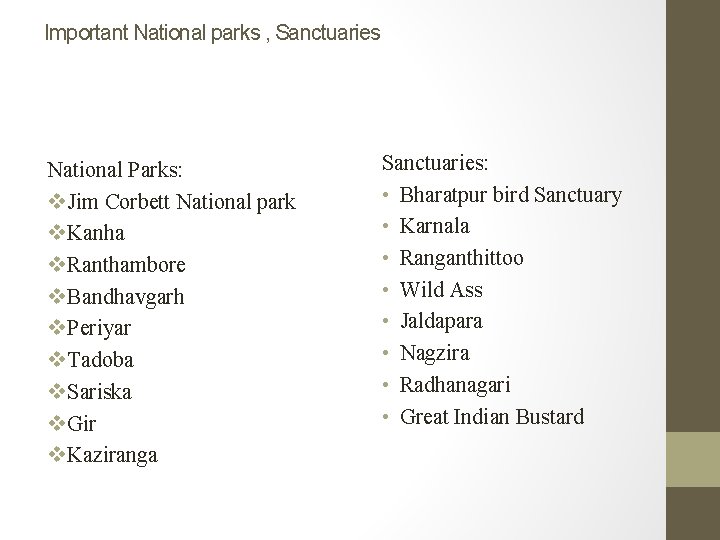 Important National parks , Sanctuaries National Parks: v. Jim Corbett National park v. Kanha