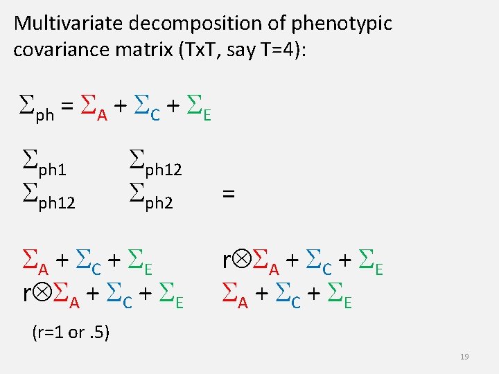Multivariate decomposition of phenotypic covariance matrix (Tx. T, say T=4): Sph = SA +