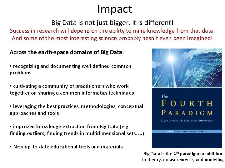 Impact Big Data is not just bigger, it is different! Success in research will