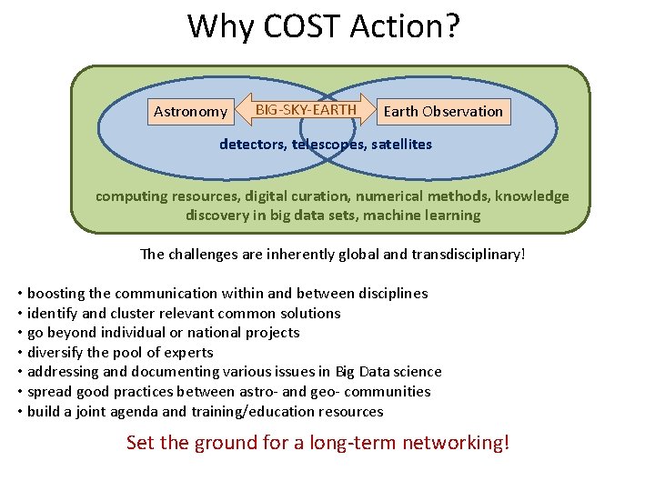 Why COST Action? Astronomy BIG-SKY-EARTH Earth Observation detectors, telescopes, satellites computing resources, digital curation,