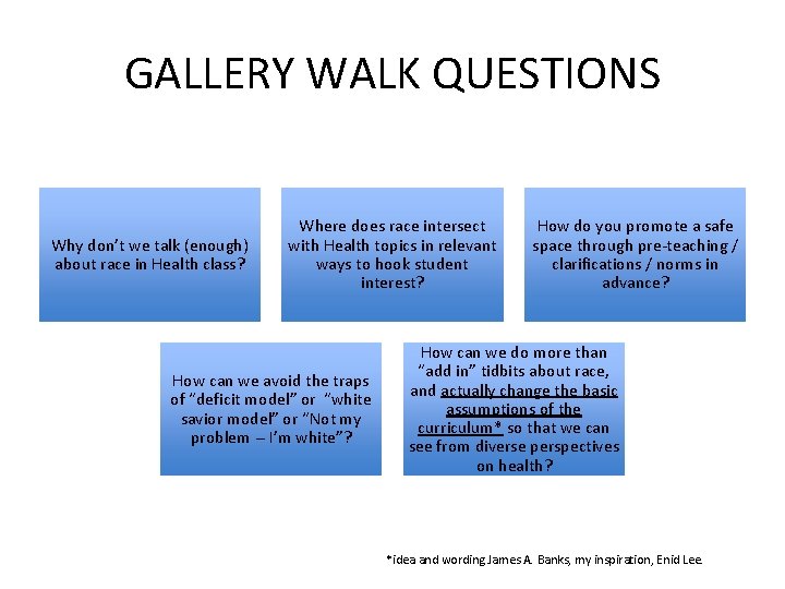 GALLERY WALK QUESTIONS Why don’t we talk (enough) about race in Health class? Where