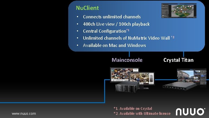 Nu. Client • • • Connects unlimited channels 400 ch Live view / 100