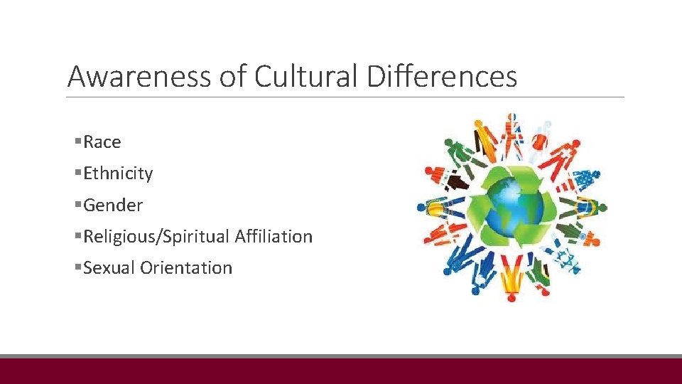 Awareness of Cultural Differences §Race §Ethnicity §Gender §Religious/Spiritual Affiliation §Sexual Orientation 