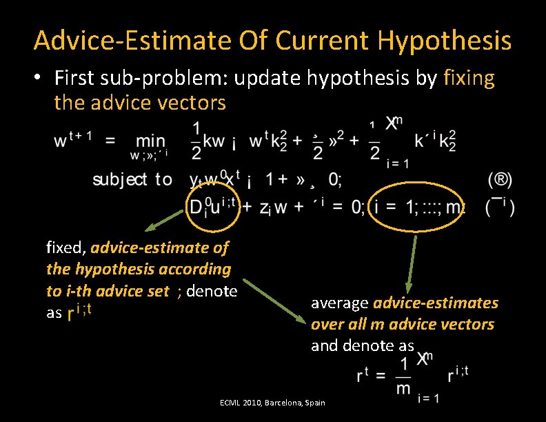 Advice-Estimate Of Current Hypothesis • First sub-problem: update hypothesis by fixing the advice vectors
