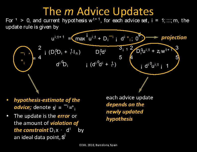 The m Advice Updates projection • hypothesis-estimate of the advice; denote • The update