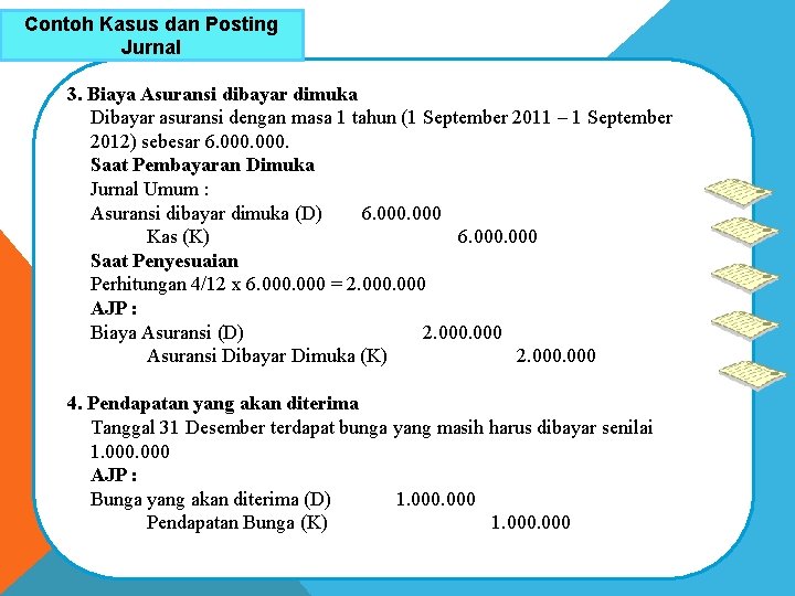 Contoh Kasus dan Posting Jurnal 3. Biaya Asuransi dibayar dimuka Dibayar asuransi dengan masa