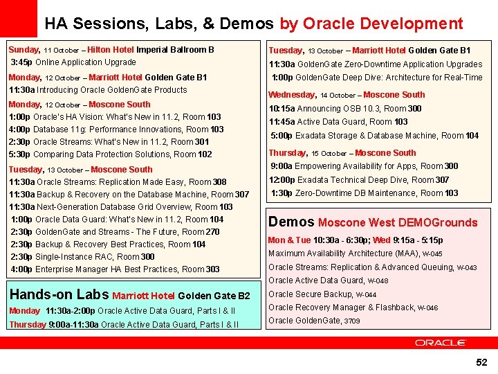 HA Sessions, Labs, & Demos by Oracle Development Sunday, 11 October – Hilton Hotel