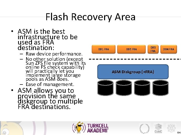 Flash Recovery Area • ASM is the best infrastructure to be used as FRA