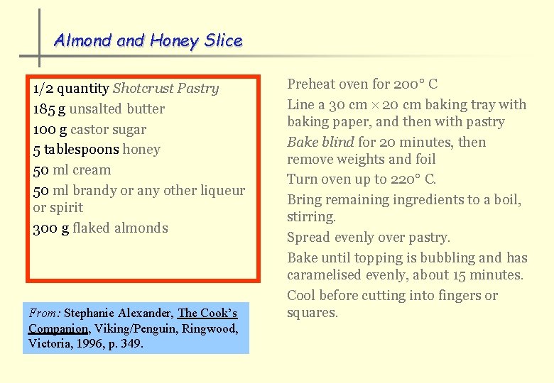 Almond and Honey Slice 1/2 quantity Shotcrust Pastry 185 g unsalted butter 100 g