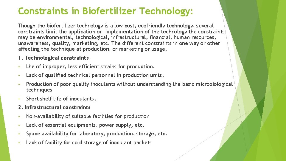 Constraints in Biofertilizer Technology: Though the biofertilizer technology is a low cost, ecofriendly technology,