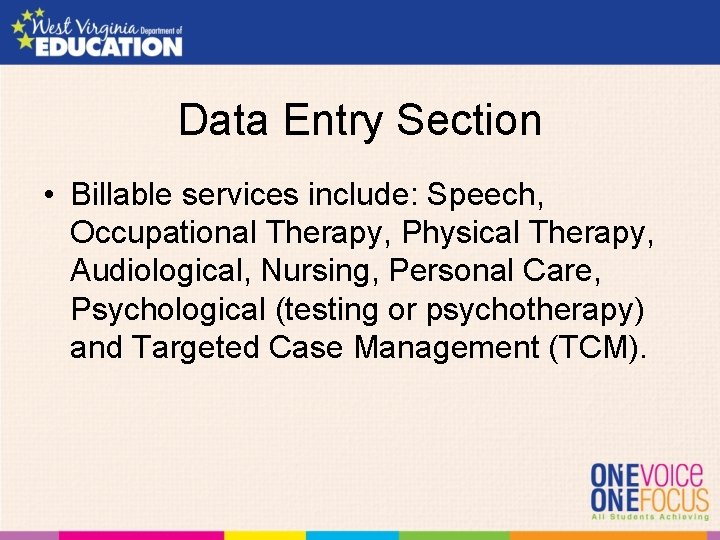 Data Entry Section • Billable services include: Speech, Occupational Therapy, Physical Therapy, Audiological, Nursing,