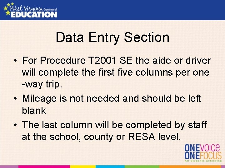 Data Entry Section • For Procedure T 2001 SE the aide or driver will