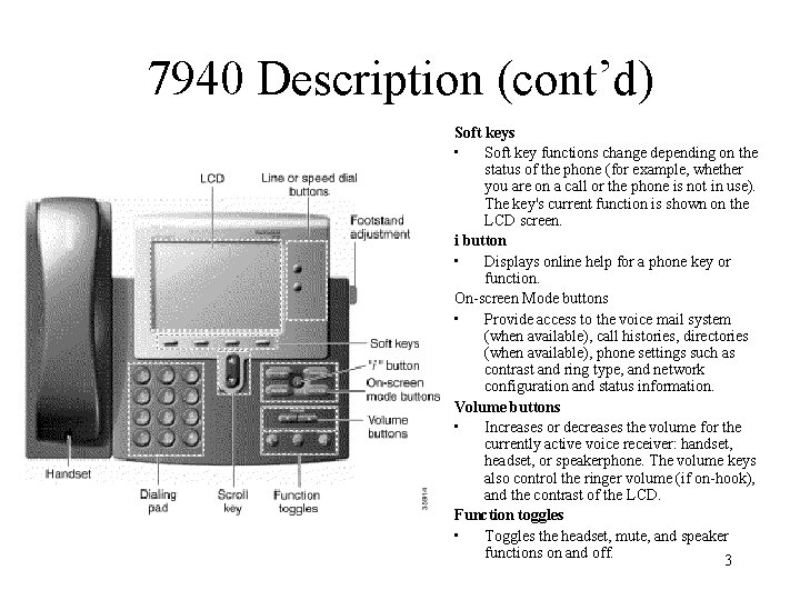 7940 Description (cont’d) Soft keys • Soft key functions change depending on the status