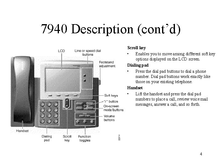 7940 Description (cont’d) Scroll key • Enables you to move among different soft key
