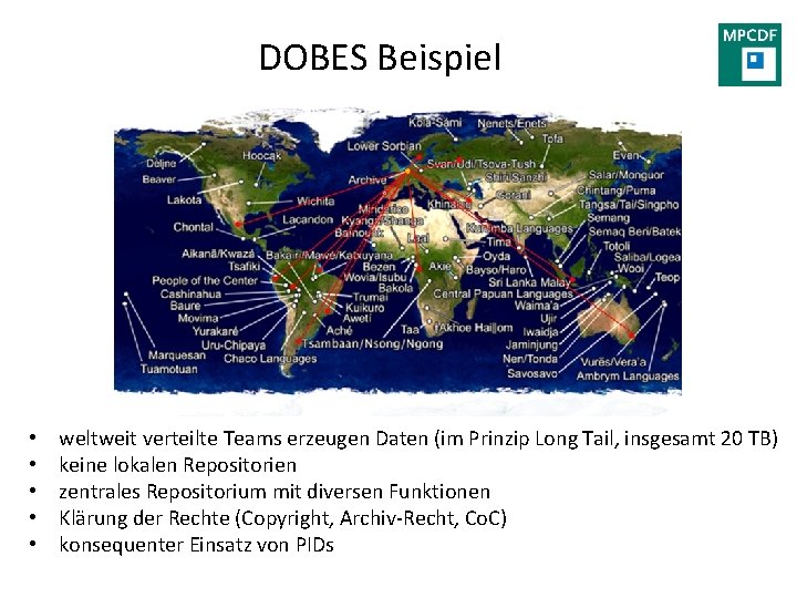 DOBES Beispiel • • • weltweit verteilte Teams erzeugen Daten (im Prinzip Long Tail,