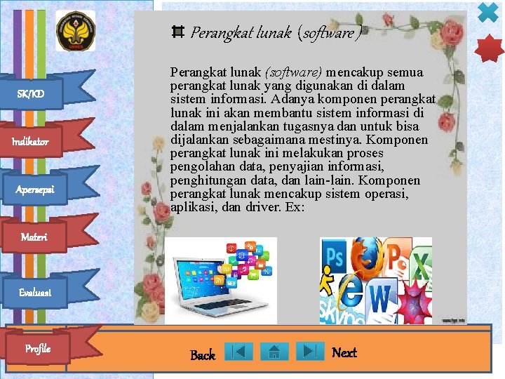 Perangkat lunak (software ) SK/KD Indikator Apersepsi Perangkat lunak (software) mencakup semua perangkat lunak