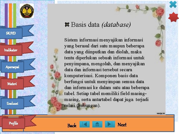 Basis data (database) SK/KD Indikator Apersepsi Materi Evaluasi Profile Sistem informasi menyajikan informasi yang