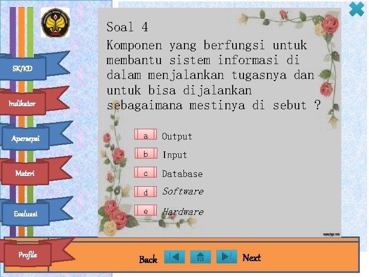 SK/KD Indikator Soal 4 Komponen yang berfungsi untuk membantu sistem informasi di dalam menjalankan