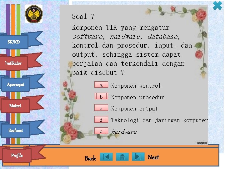 Soal 7 Komponen TIK yang mengatur SK/KD Indikator software, hardware, database, kontrol dan prosedur,