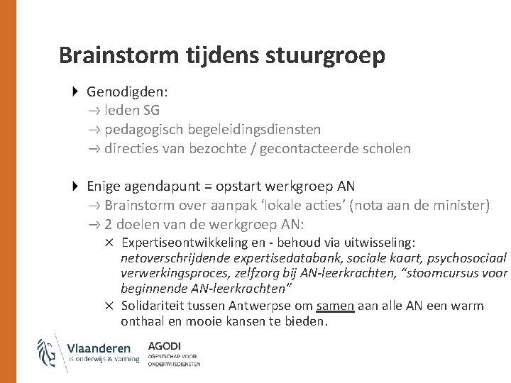 Brainstorm tijdens stuurgroep Genodigden: leden SG pedagogisch begeleidingsdiensten directies van bezochte / gecontacteerde scholen