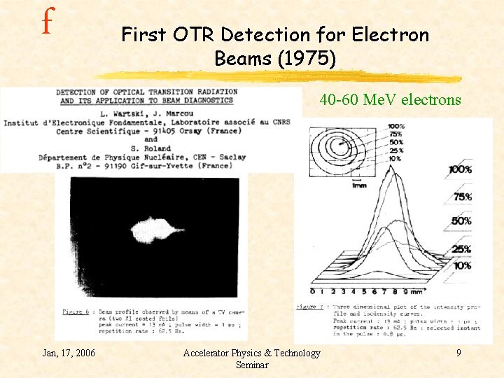 f First OTR Detection for Electron Beams (1975) 40 -60 Me. V electrons Jan,