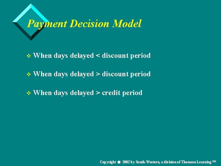 Payment Decision Model v When days delayed < discount period v When days delayed