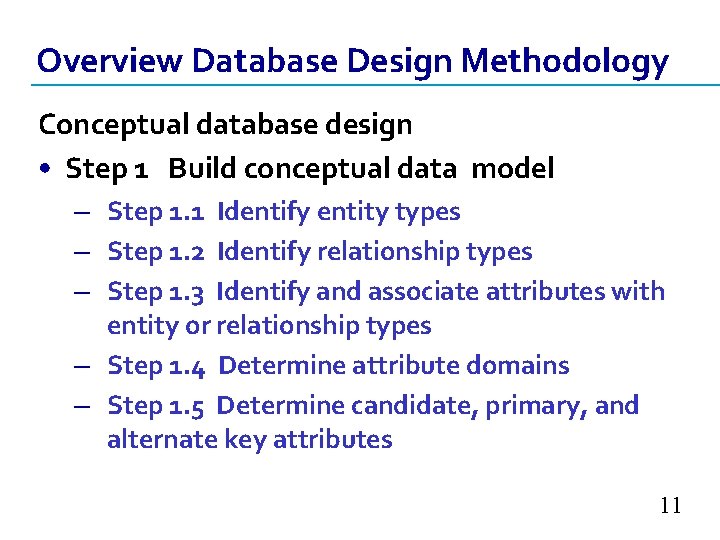 Overview Database Design Methodology Conceptual database design • Step 1 Build conceptual data model