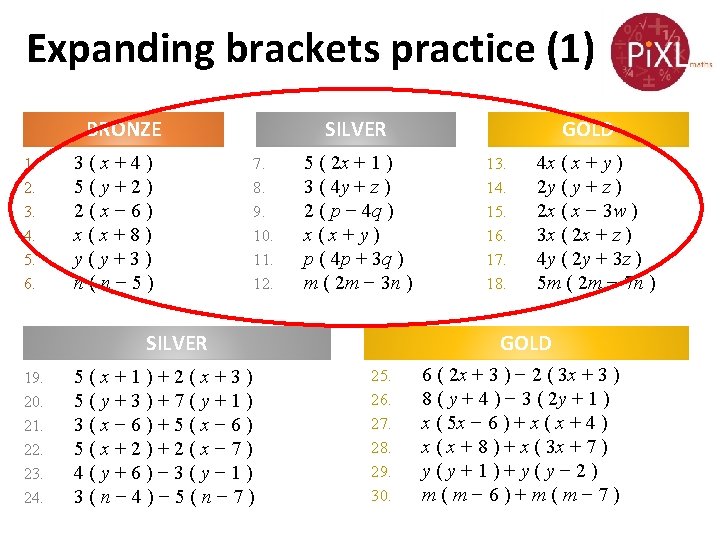 Expanding brackets practice (1) BRONZE 1. 2. 3. 4. 5. 6. 3(x+4) 5(y+2) 2(x−