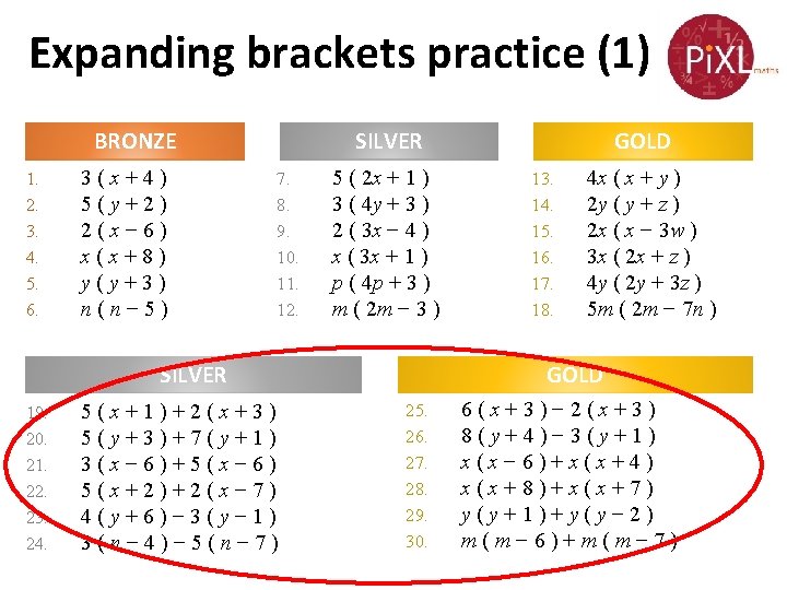 Expanding brackets practice (1) BRONZE 1. 2. 3. 4. 5. 6. 3(x+4) 5(y+2) 2(x−