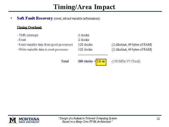 Timing/Area Impact • Soft Fault Recovery (reset, reload variable information) Timing Overhead - TMR